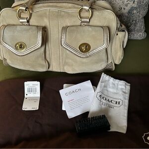 COACH 3681 Legacy Turnlock Beige Suede Leather Shoulder Bag
